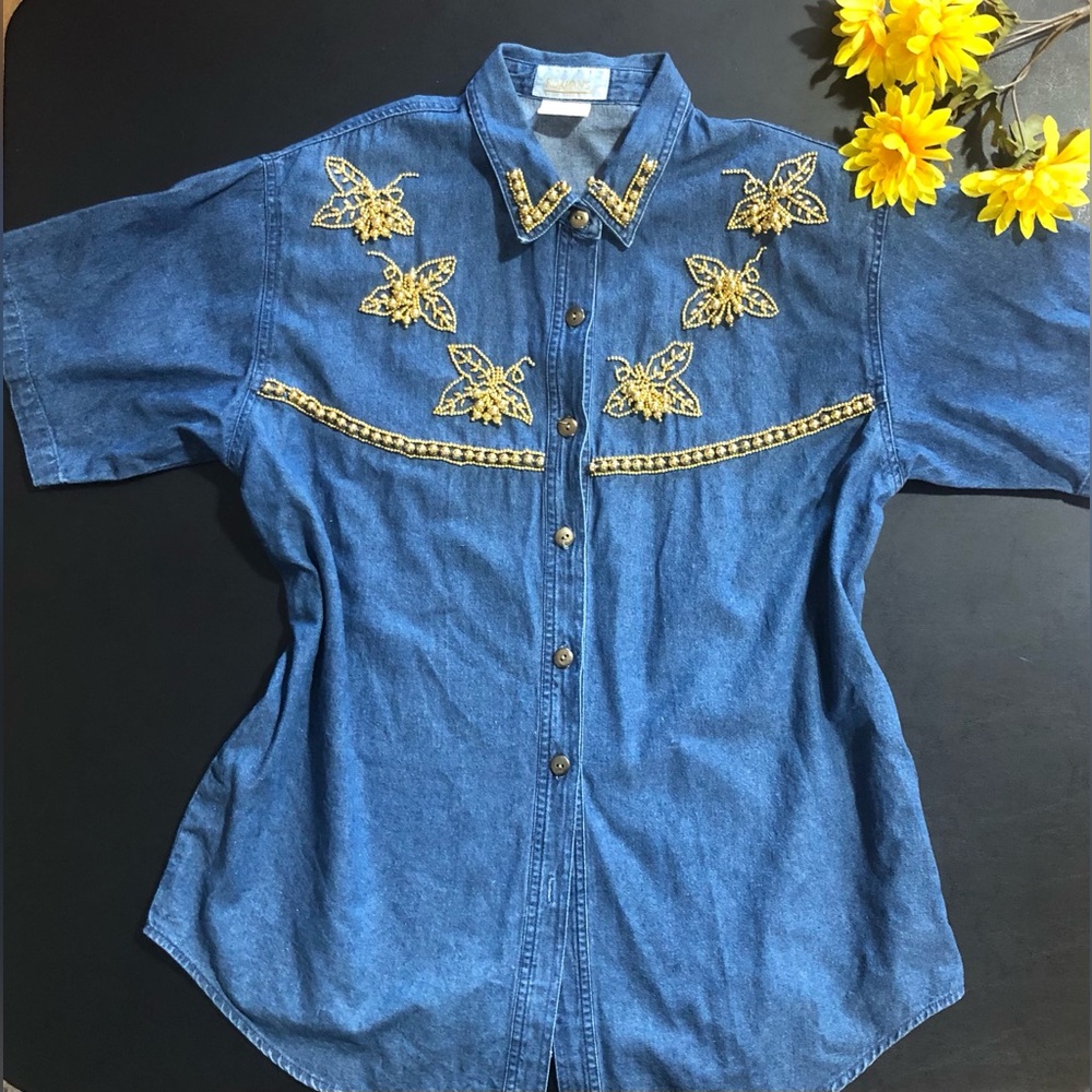 Vintage 90s denim button down short sleeve medium gold beaded 80s retro